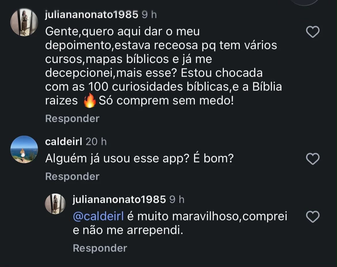 Comentário no Instagram de uma leitora recomendando as curiosidades bíblicas e o Bíblia Raízes após a compra.